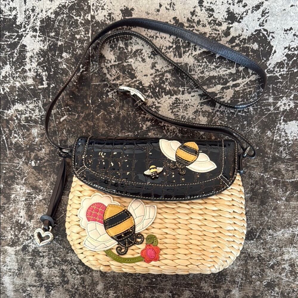 Brighton Black/Tan Leather and Rattan Bee Crossbody 9x7x3"